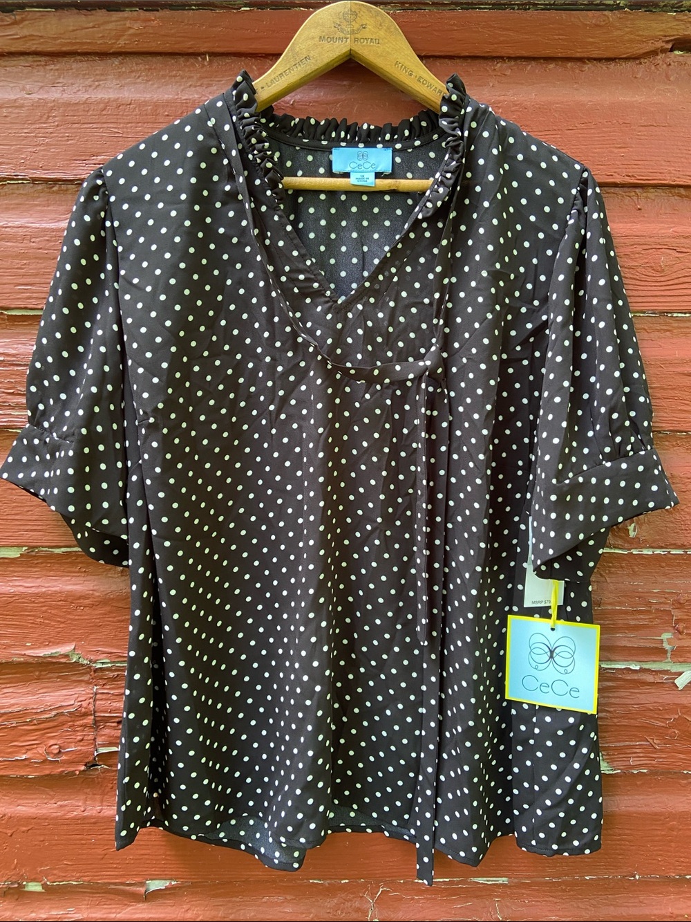 New! CeCe Black & White Polka Dot Ruffle Collar Short Sleeve Top Women's Size 1X